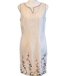 White Linen Blend Embroidered Professional Dress Classic VTG Sz.10